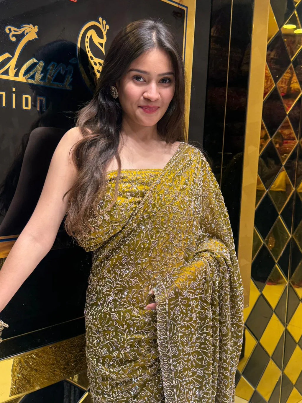 Golden Green Glass Silk Zarkan Premium Saree (175)