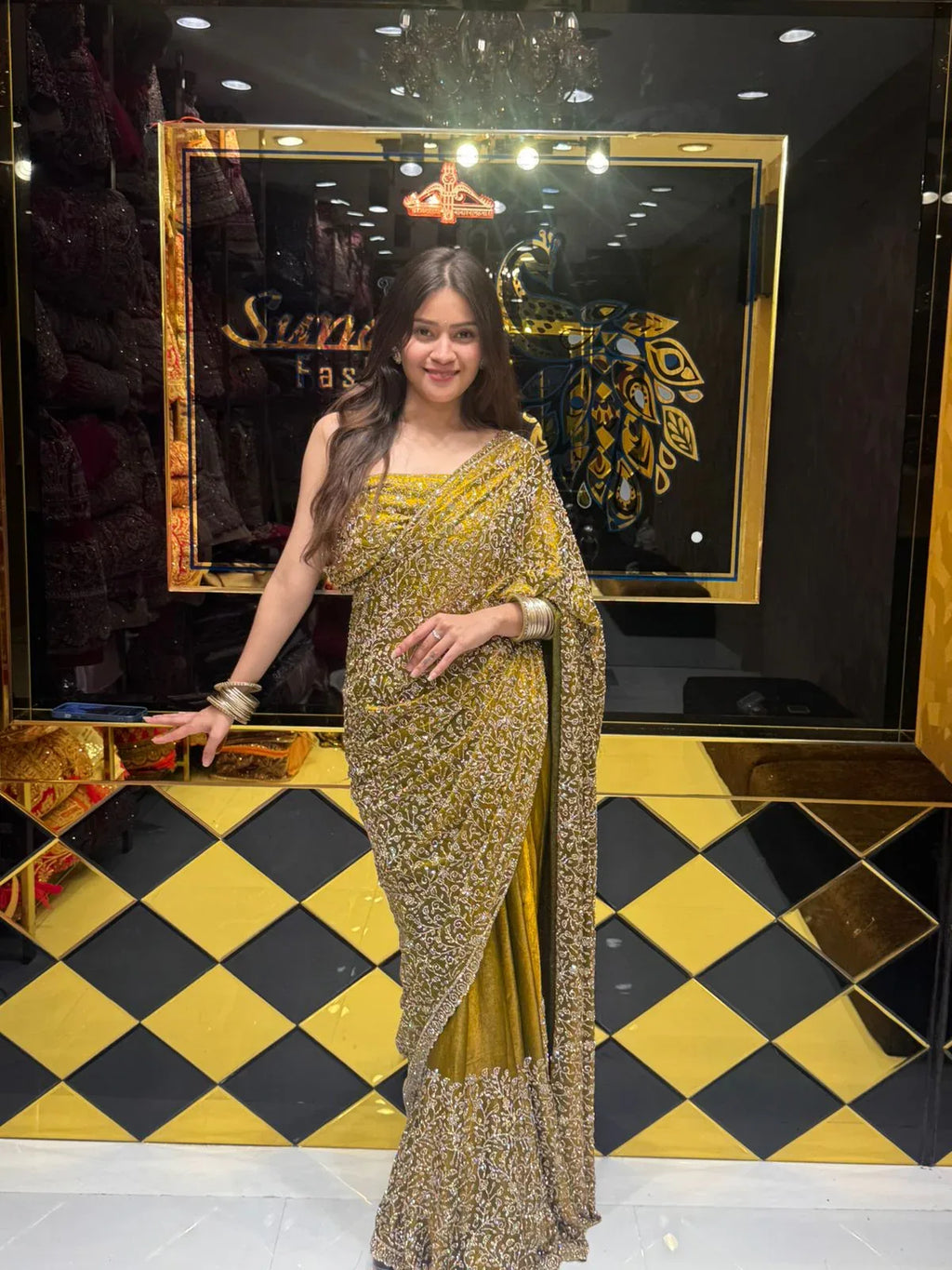Golden Green Glass Silk Zarkan Premium Saree (175)