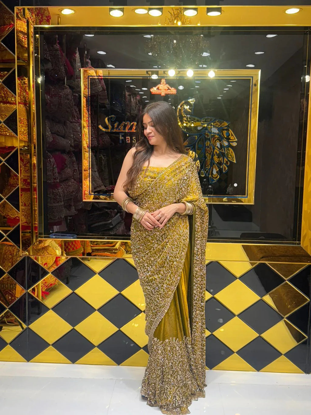 Golden Green Glass Silk Zarkan Premium Saree (175)