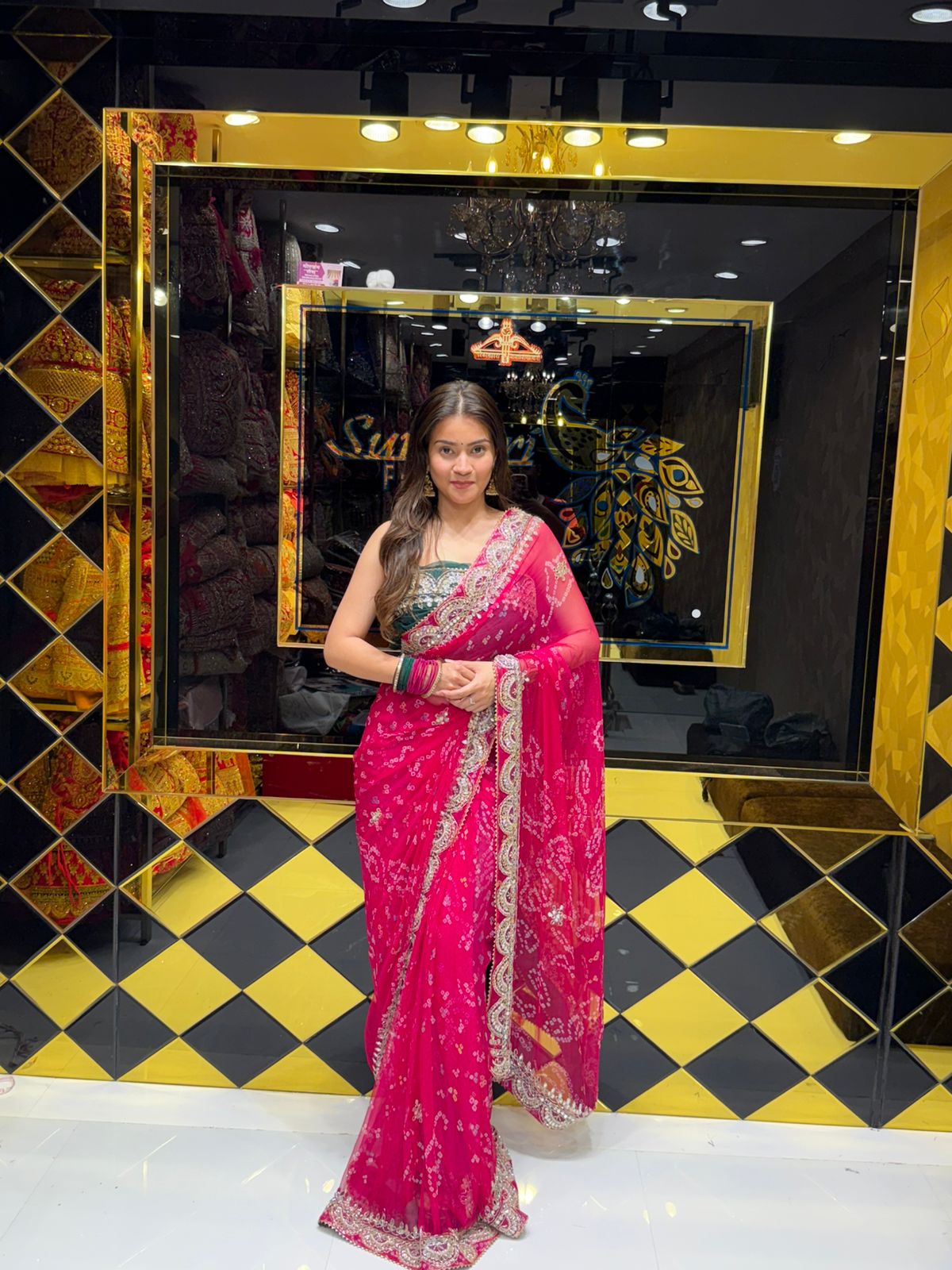 Pink  Colour Pure Chiffon Bandhani Heavy Handwork Saree (178)