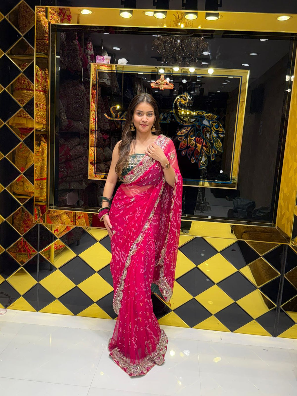 Pink  Colour Pure Chiffon Bandhani Heavy Handwork Saree (178)