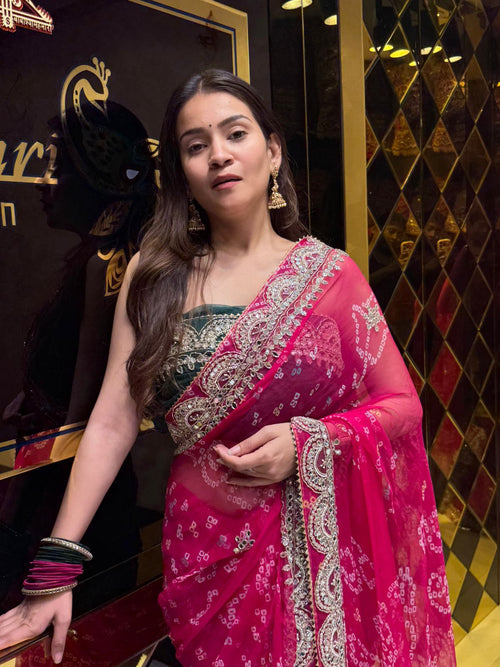 Pink  Colour Pure Chiffon Bandhani Heavy Handwork Saree (178)