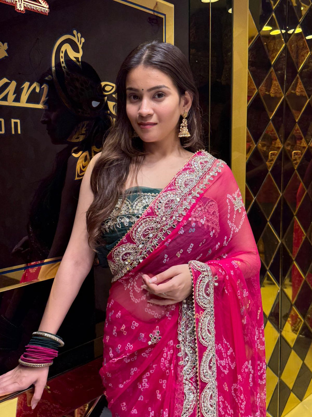 Pink  Colour Pure Chiffon Bandhani Heavy Handwork Saree (178)