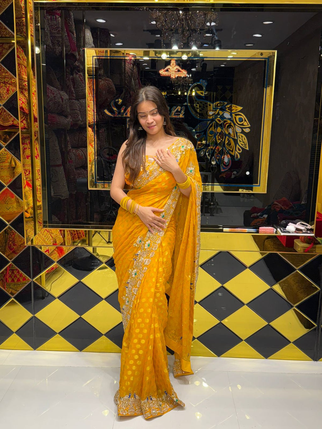 Yellow Premium Khaddi Georgette Handwork saree (181)