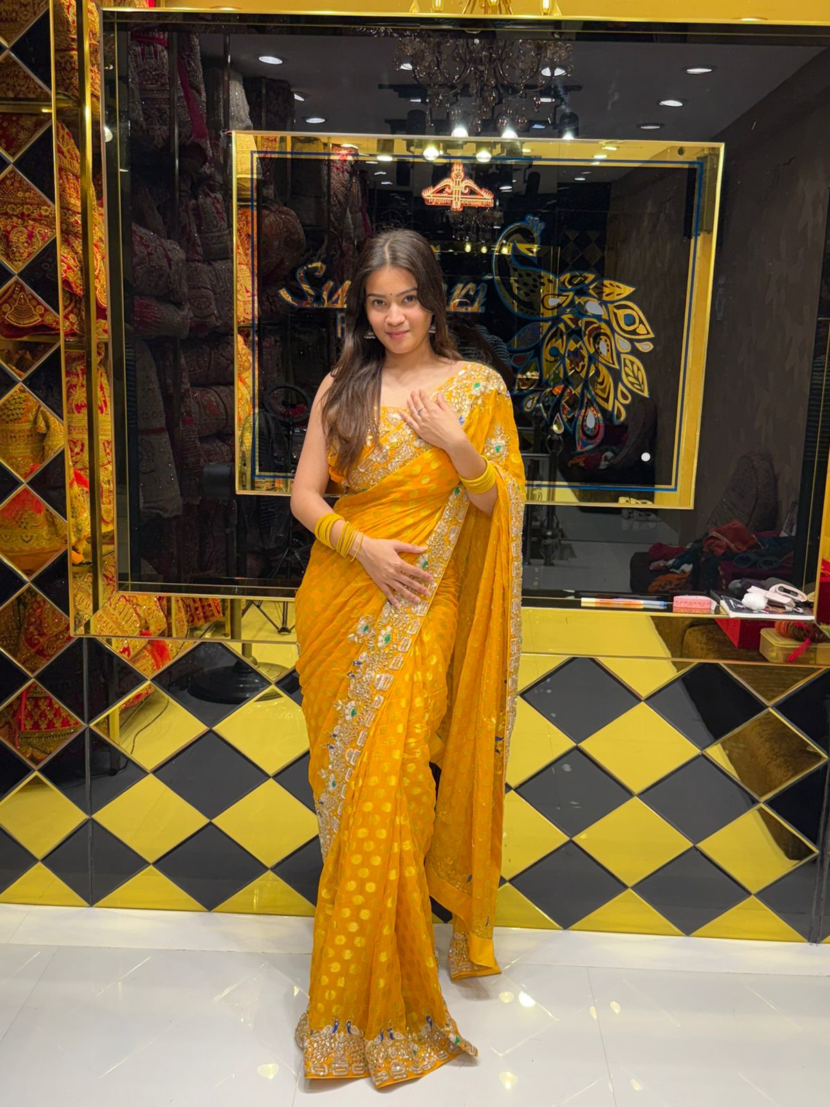 Yellow Premium Khaddi Georgette Handwork saree (181)