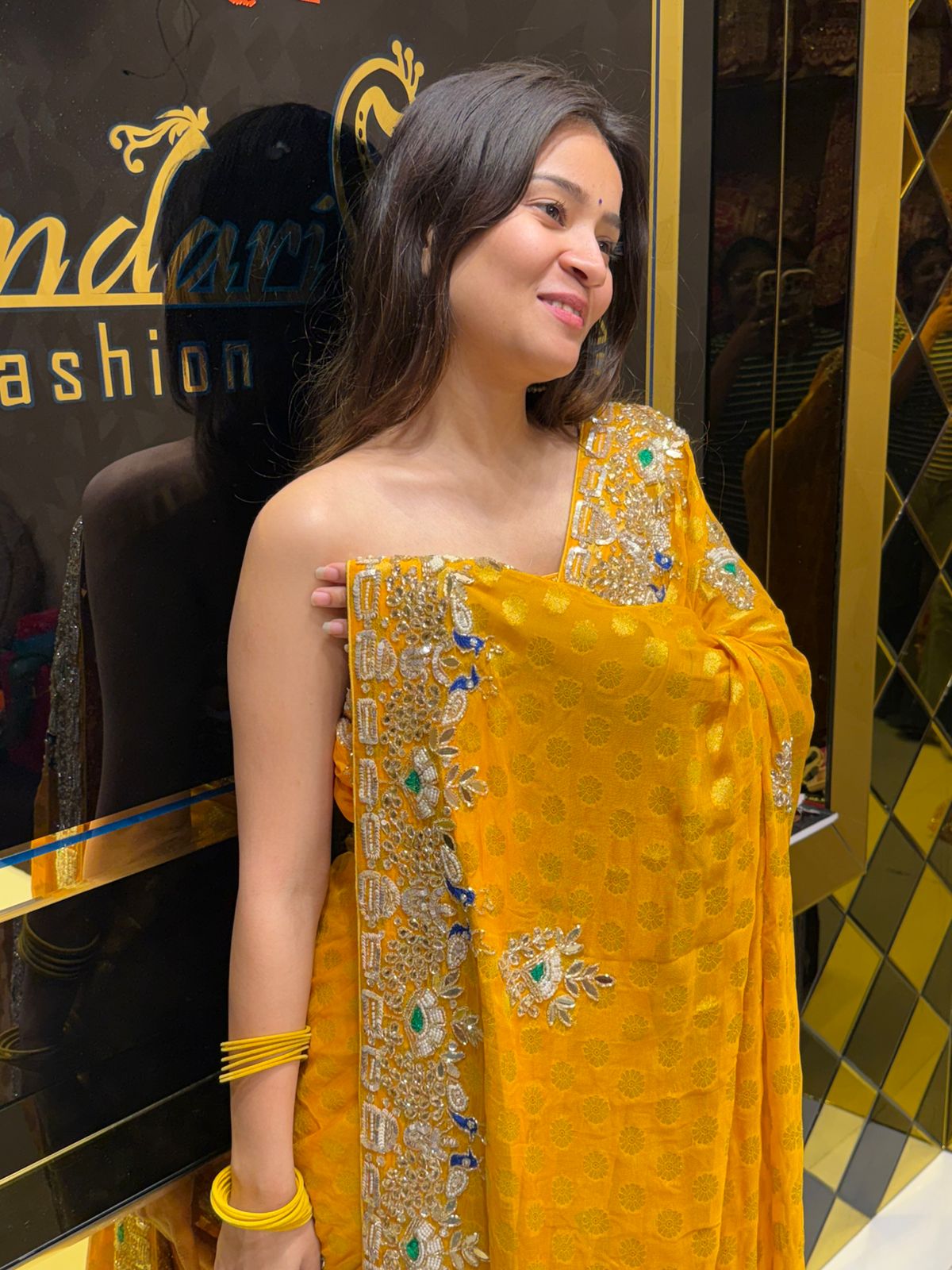 Yellow Premium Khaddi Georgette Handwork saree (181)