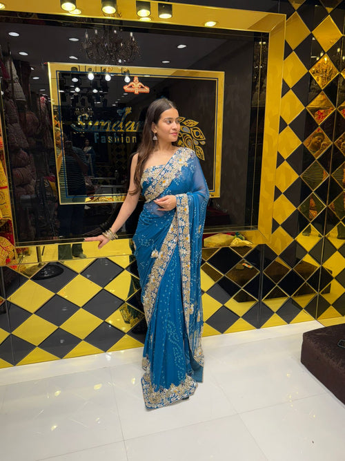 Blue Colour Pure Chiffon Bandhani Heavy Handwork Saree (185)
