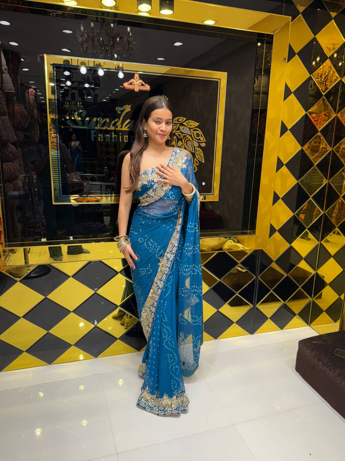 Blue Colour Pure Chiffon Bandhani Heavy Handwork Saree (185)