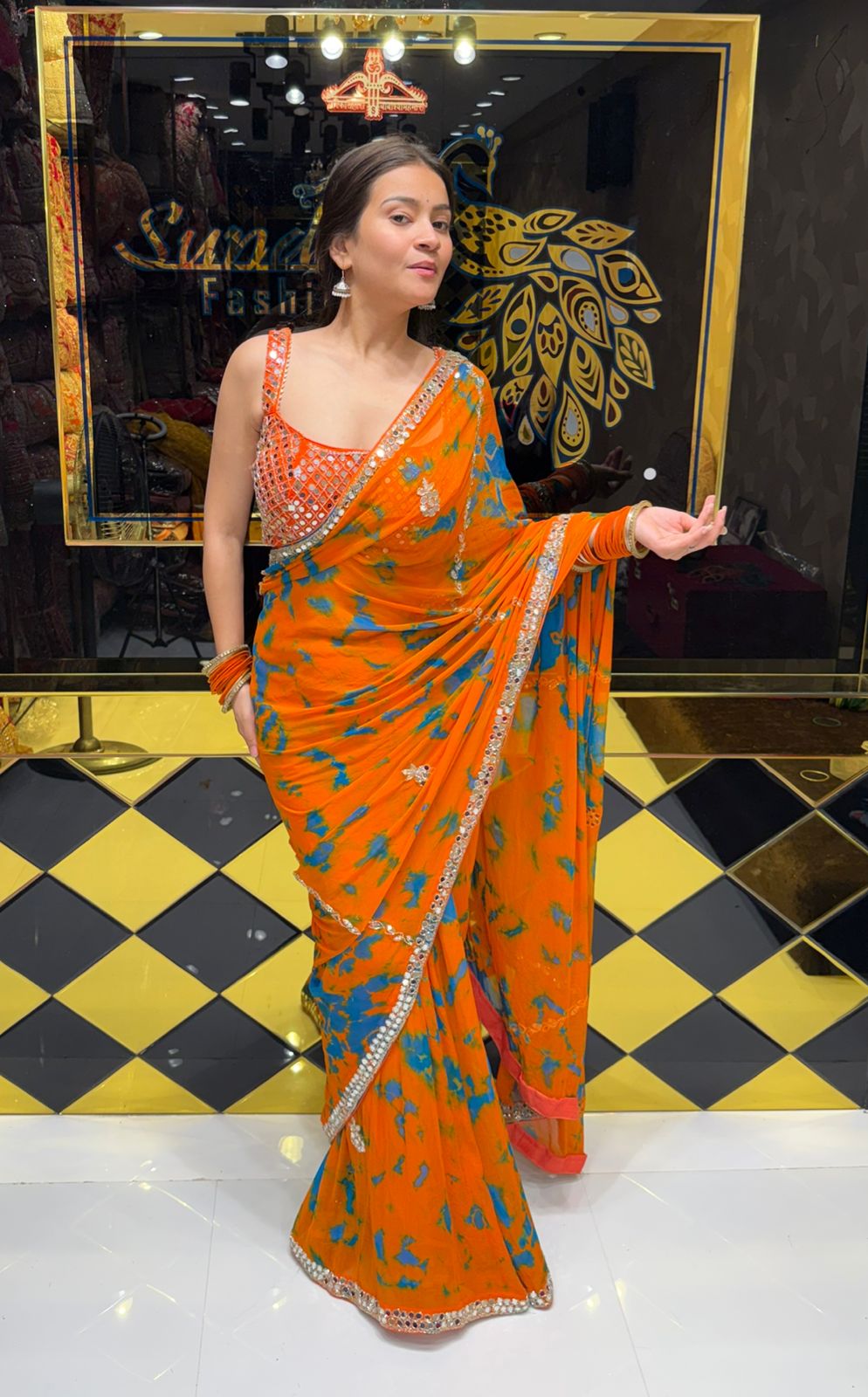 Orange Mirrorwork Celebrity Style Saree (184)