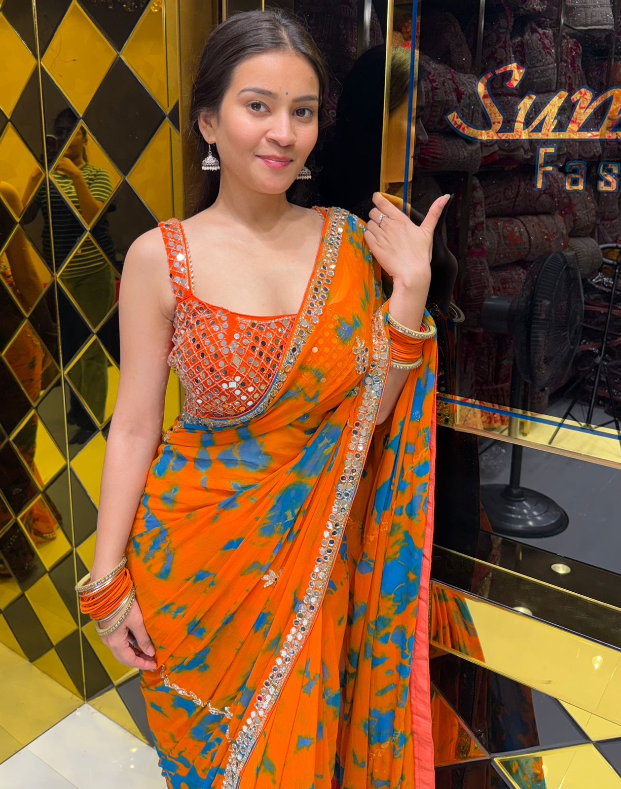 Orange Mirrorwork Celebrity Style Saree (184)