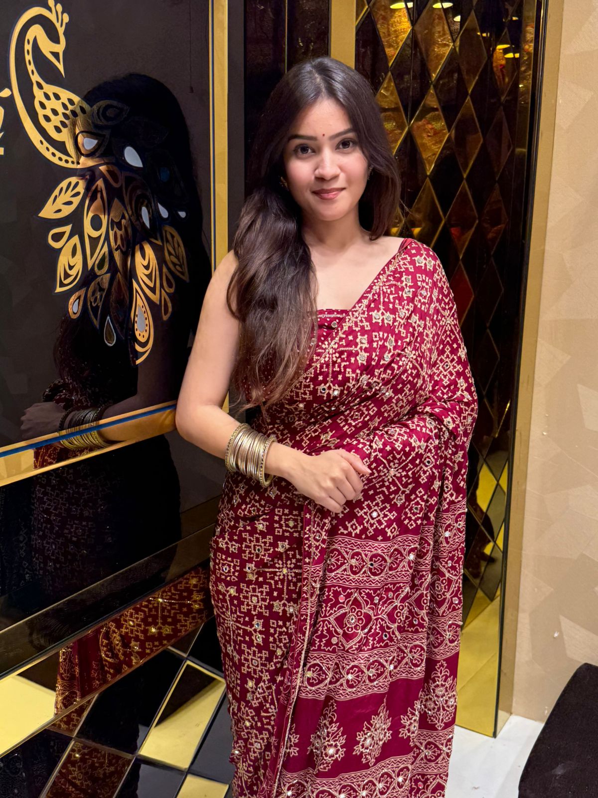 Beautiful Red Gajji Silk Ajarak Print Saree (186)