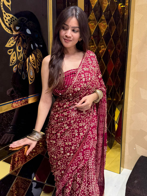 Beautiful Red Gajji Silk Ajarak Print Saree (186)