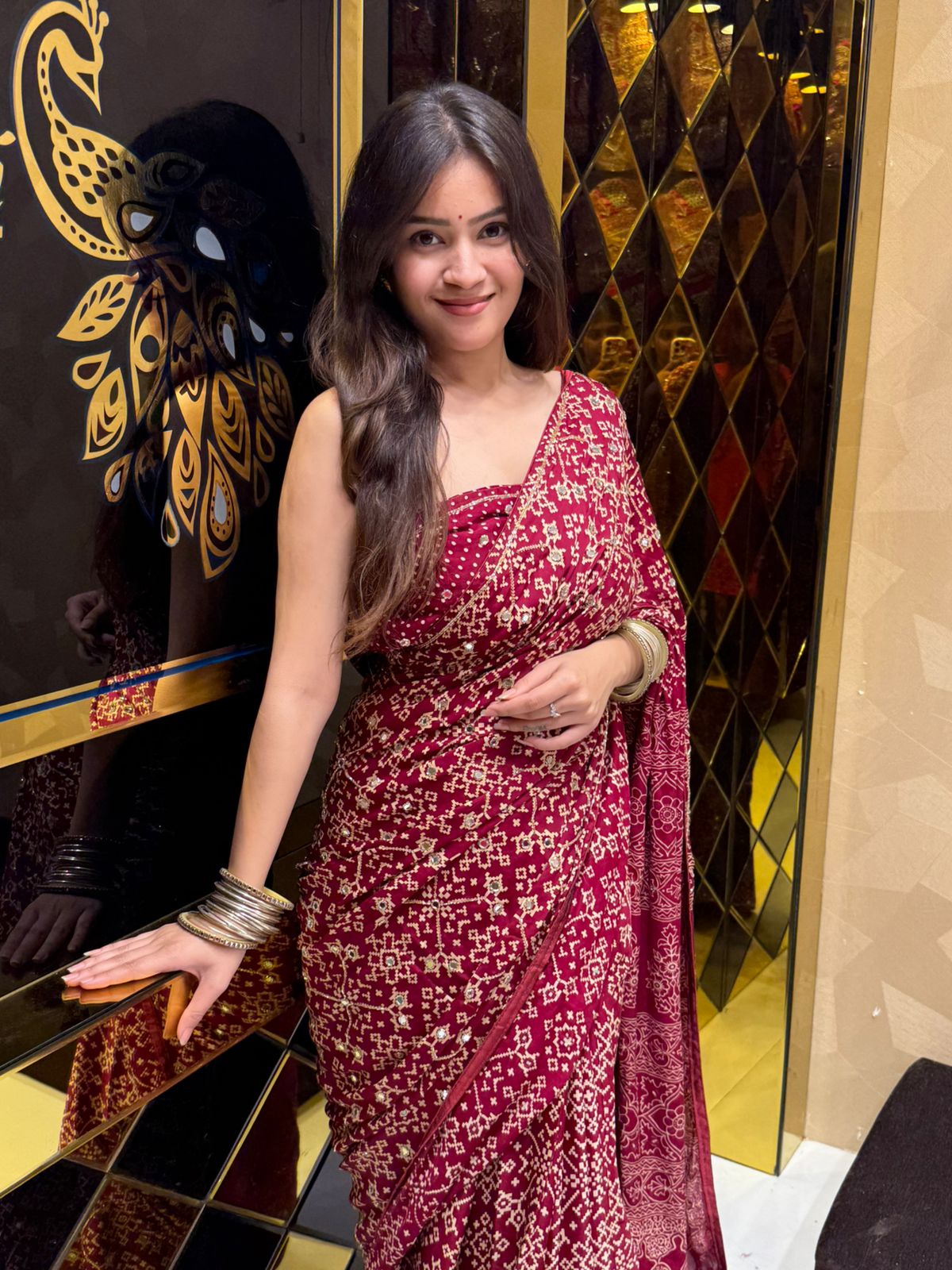 Beautiful Red Gajji Silk Ajarak Print Saree (186)