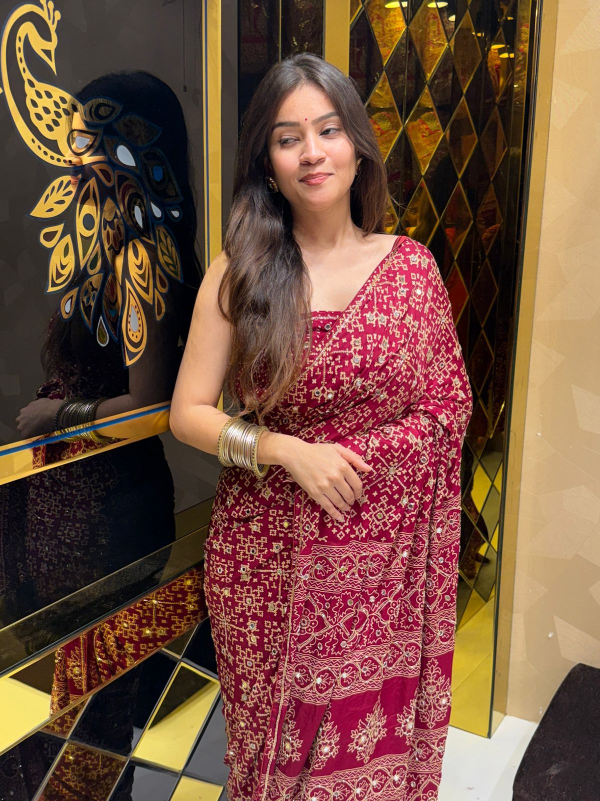 Beautiful Red Gajji Silk Ajarak Print Saree (186)