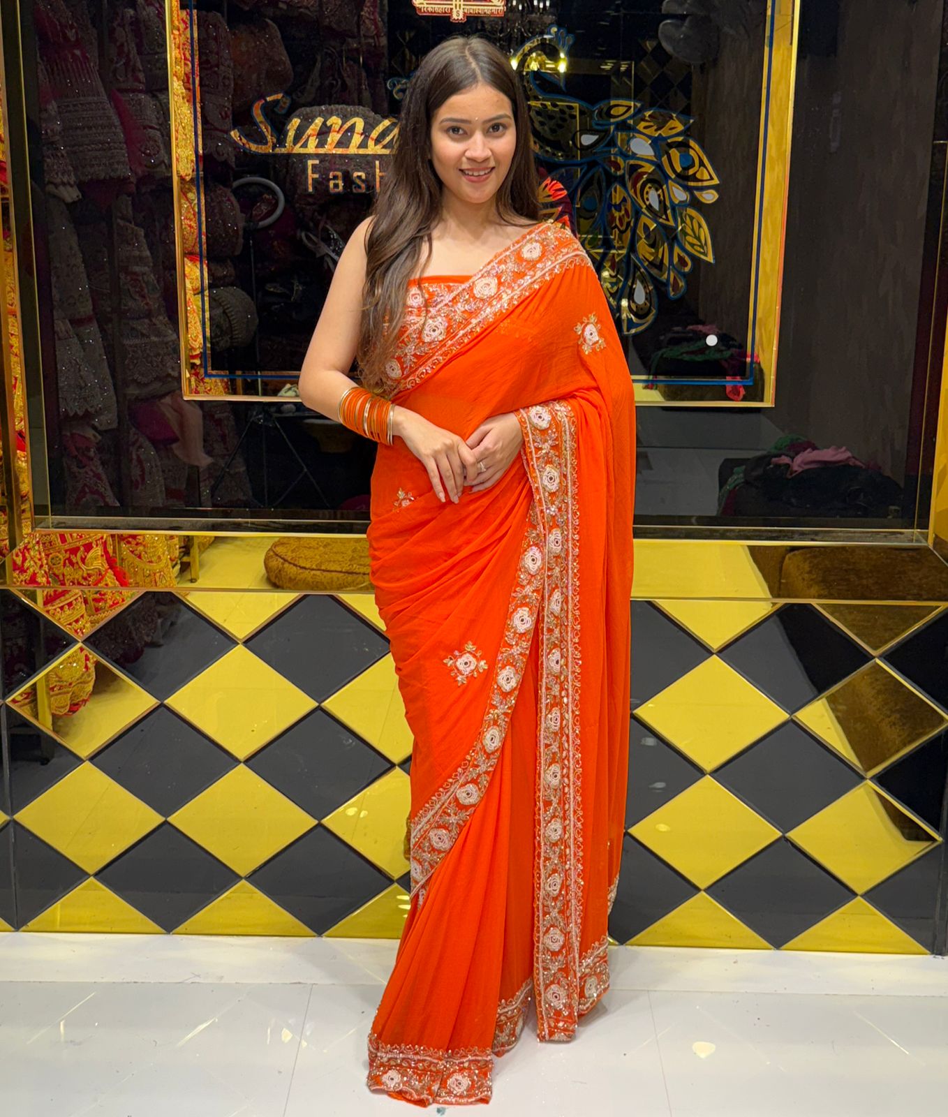 Orange Pure Chiffon Handwork Saree (187)