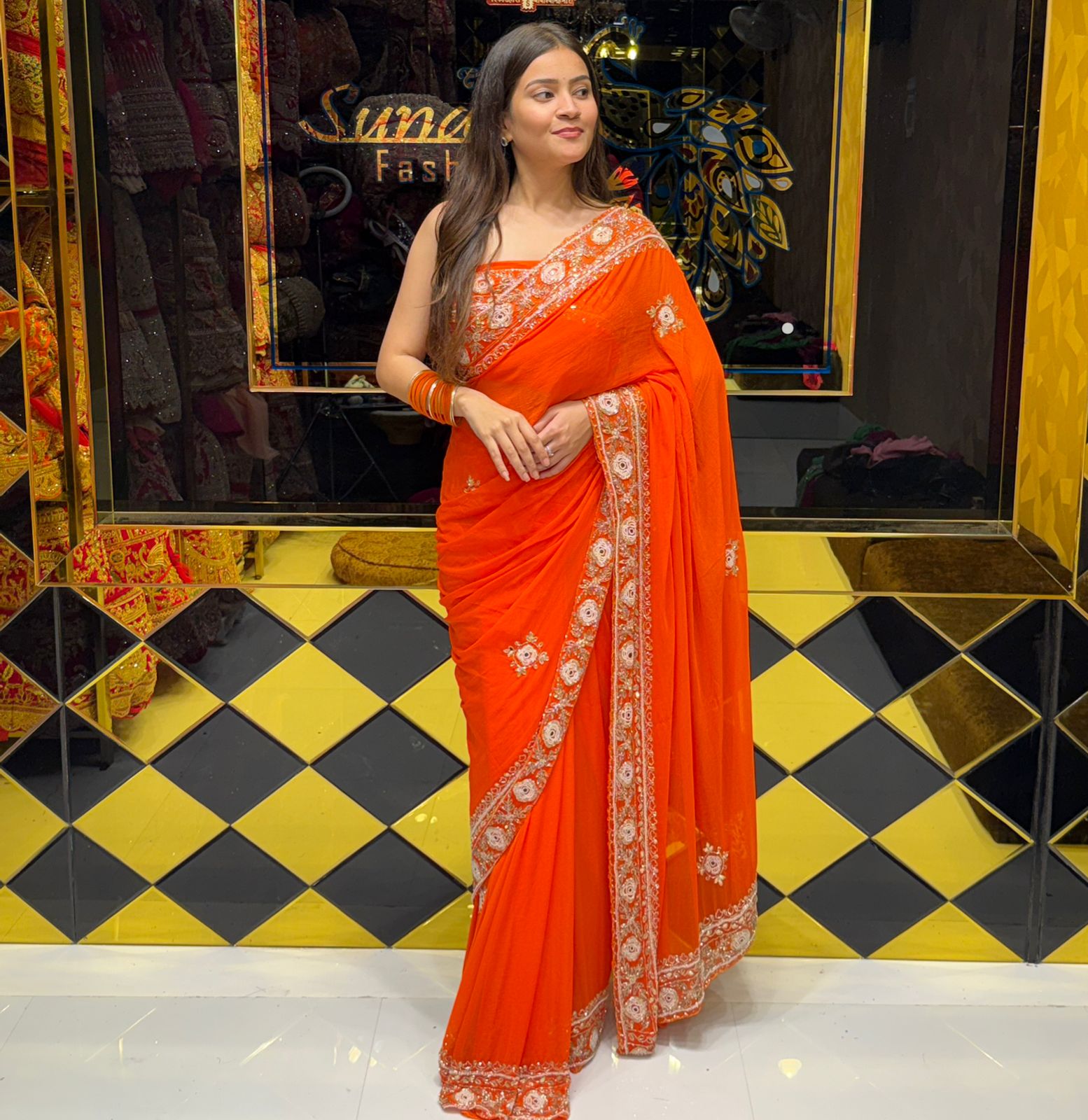 Orange Pure Chiffon Handwork Saree (187)