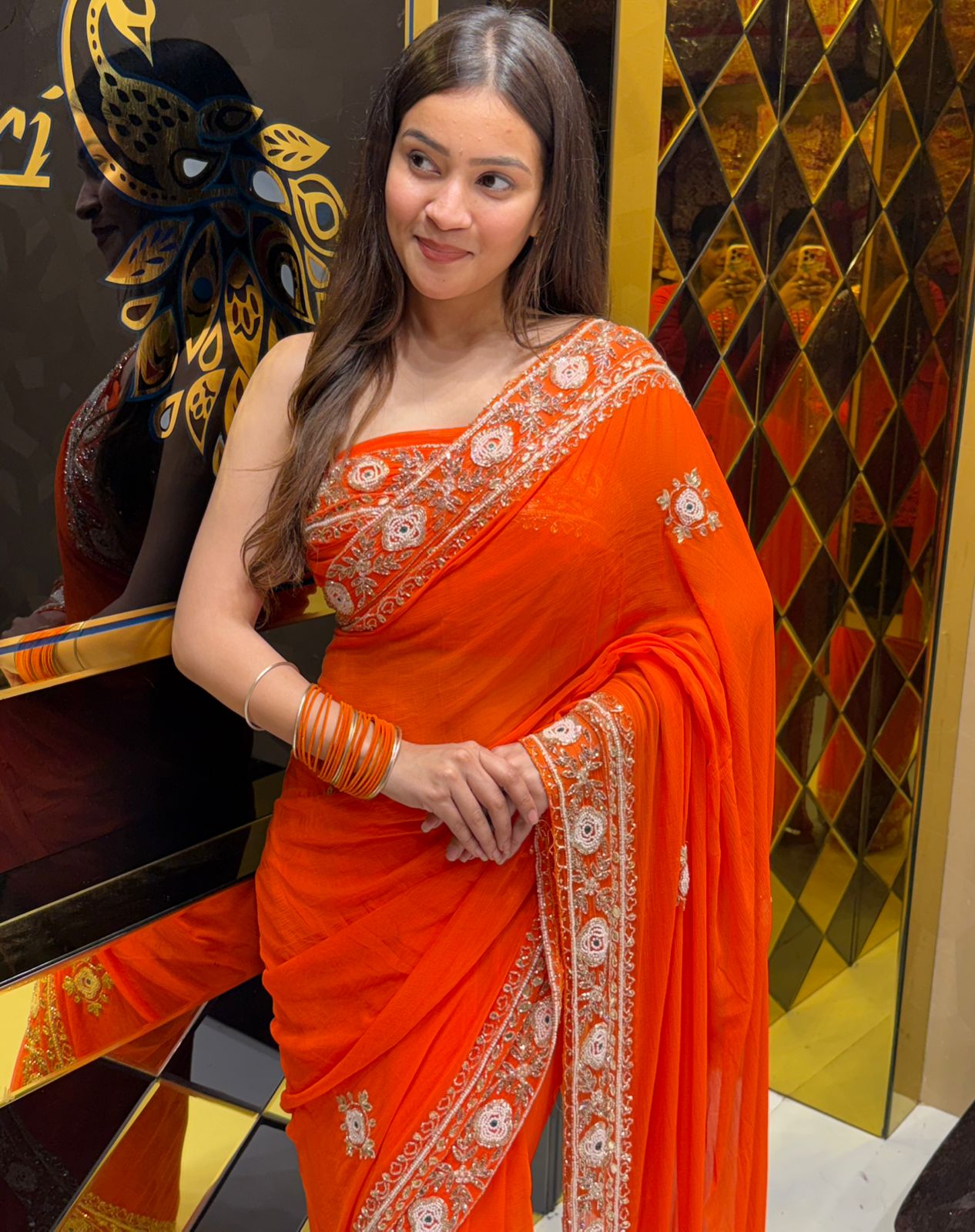 Orange Pure Chiffon Handwork Saree (187)