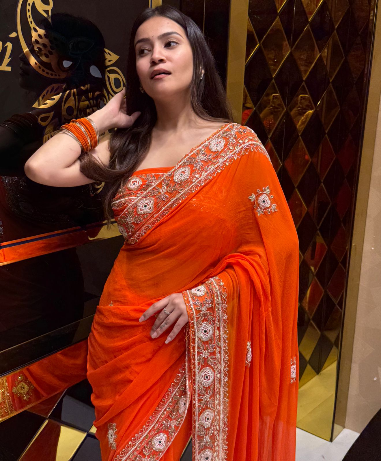 Orange Pure Chiffon Handwork Saree (187)