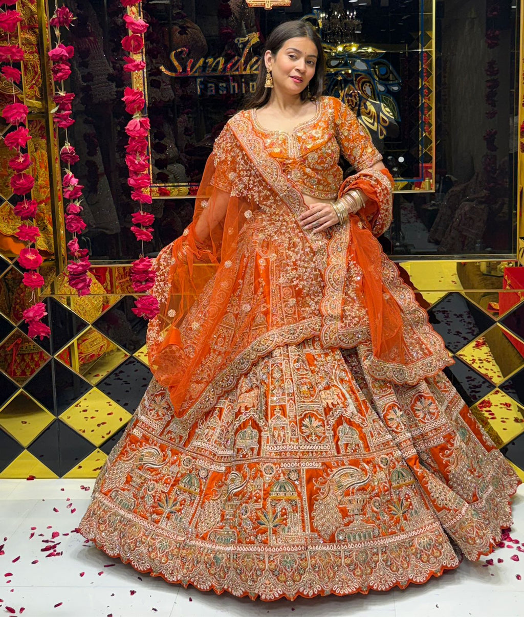Rust Heavy Bridal Handwork Lehenga Set