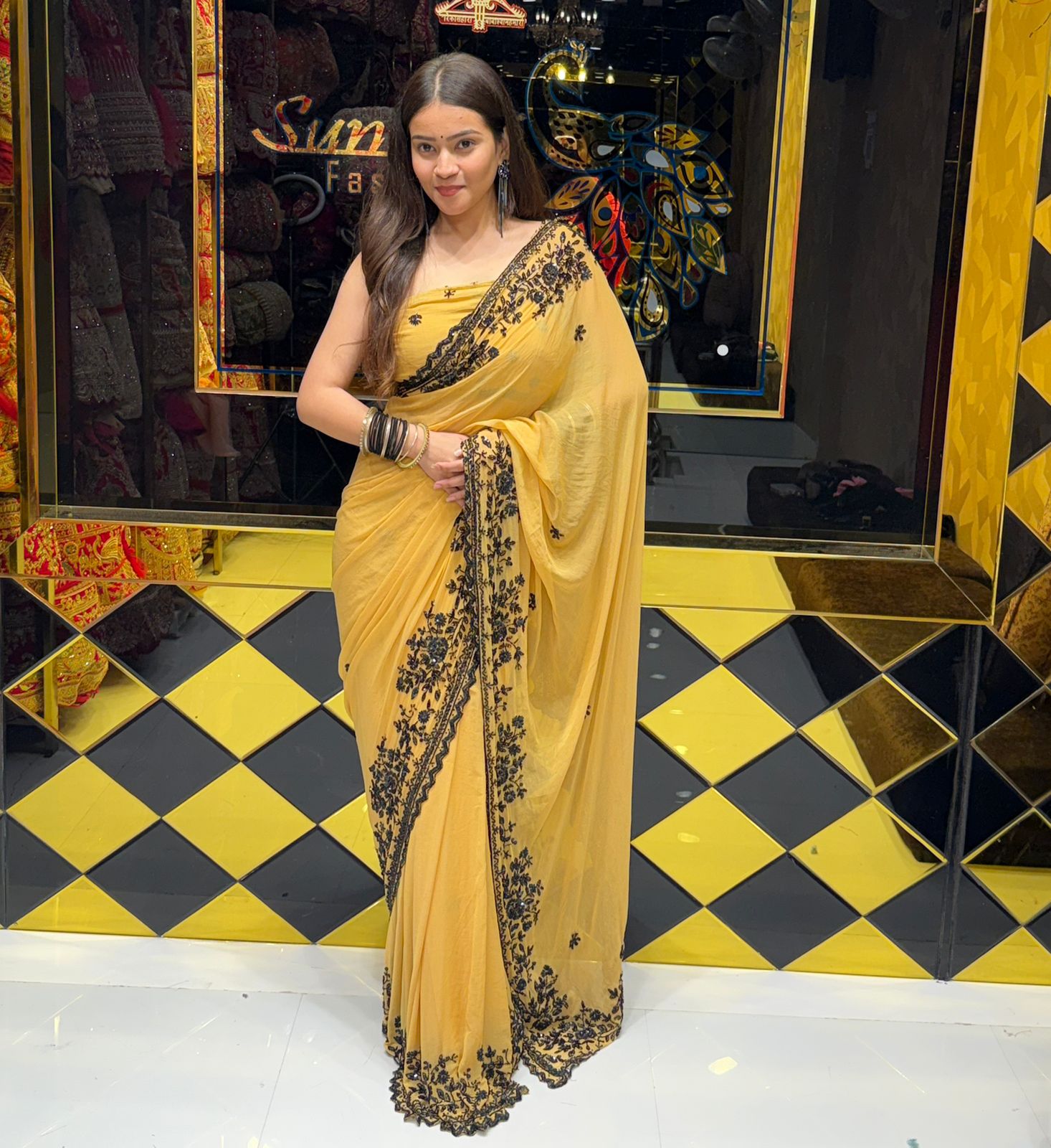 Yellow Pure Chiffon Handwork Saree (188)