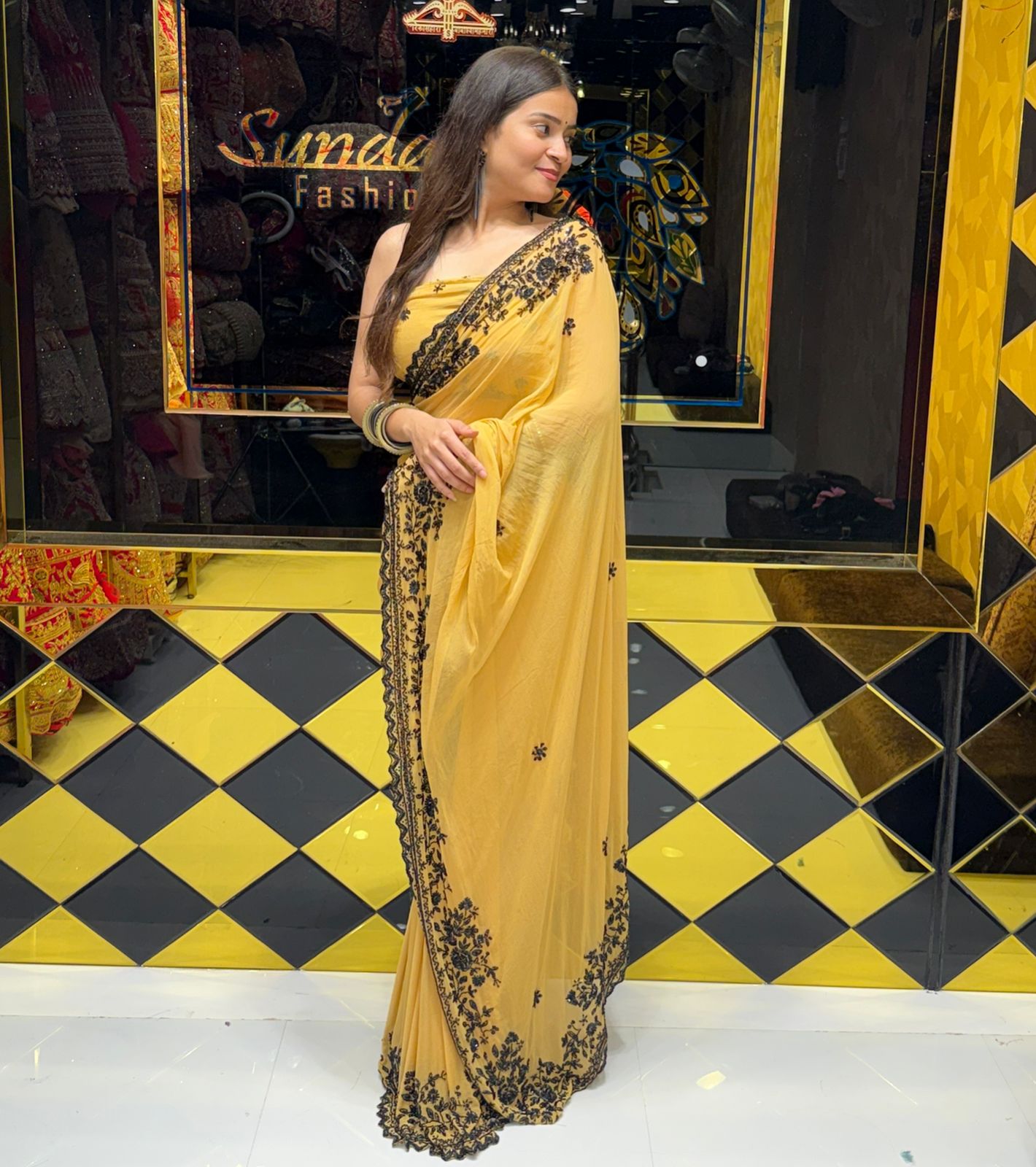 Yellow Pure Chiffon Handwork Saree (188)