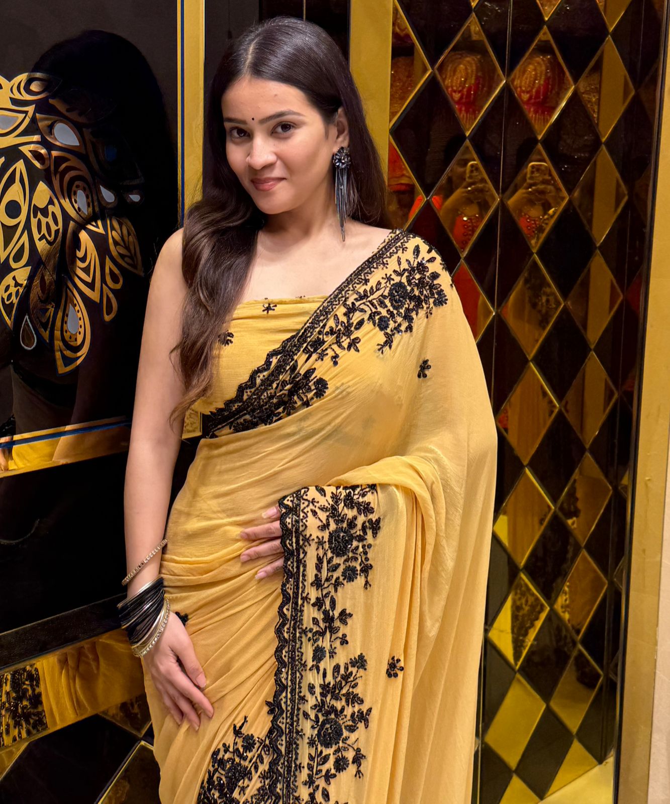 Yellow Pure Chiffon Handwork Saree (188)