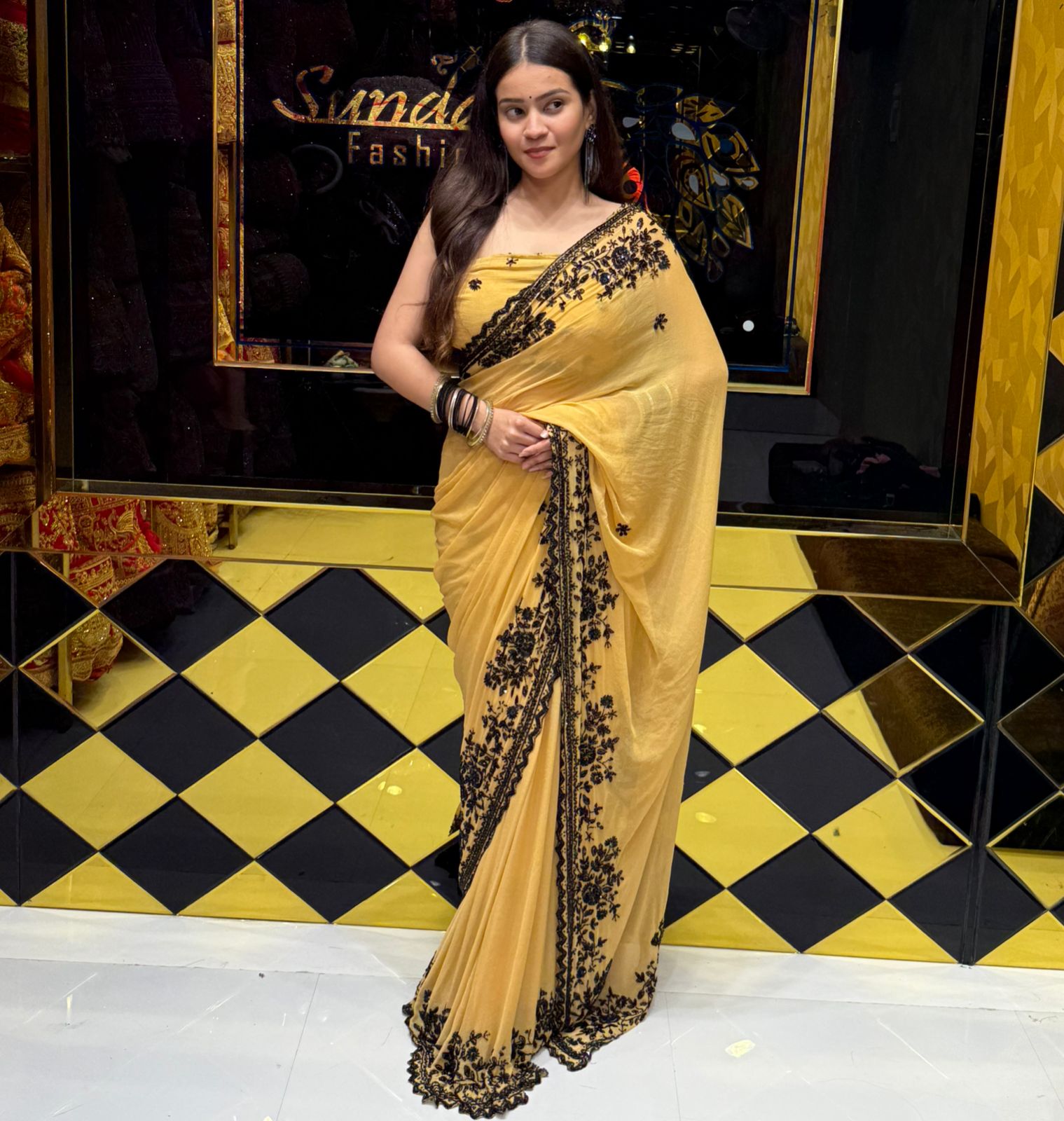 Yellow Pure Chiffon Handwork Saree (188)