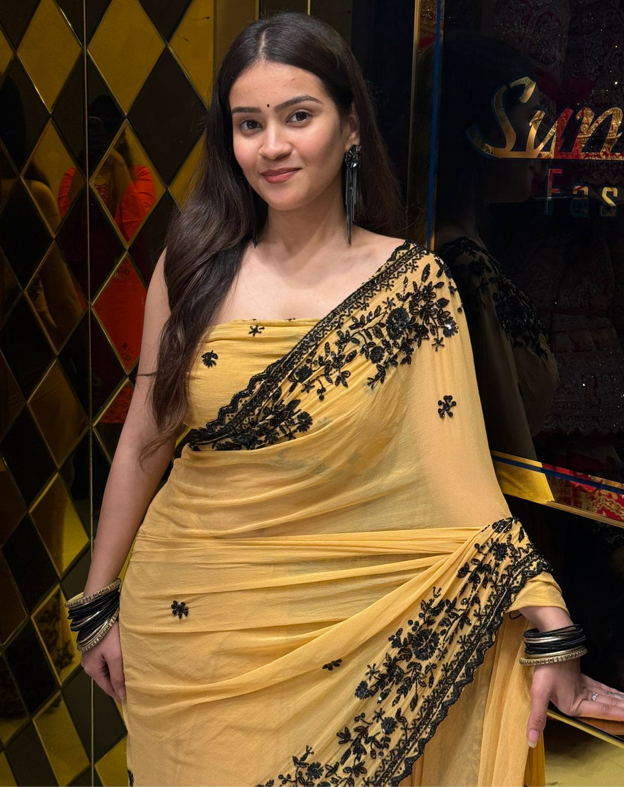 Yellow Pure Chiffon Handwork Saree (188)