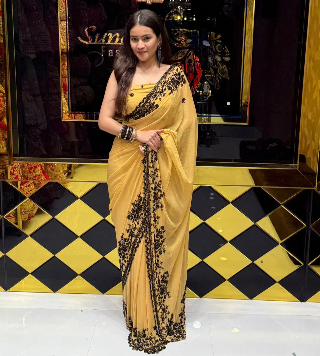 Yellow Pure Chiffon Handwork Saree (188)