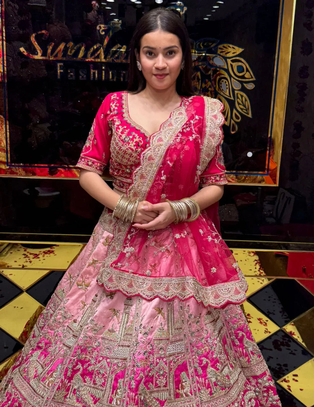 Pink Ombre Bridal Handwork Lehenga Set