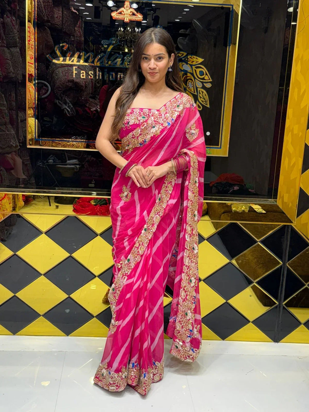 Pink Pure Chiffon Leheriya Handwork Saree (189)