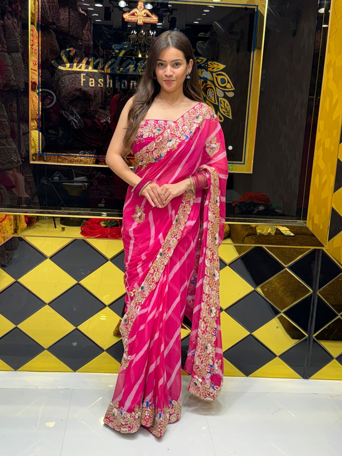 Pink Pure Chiffon Leheriya Handwork Saree (189)