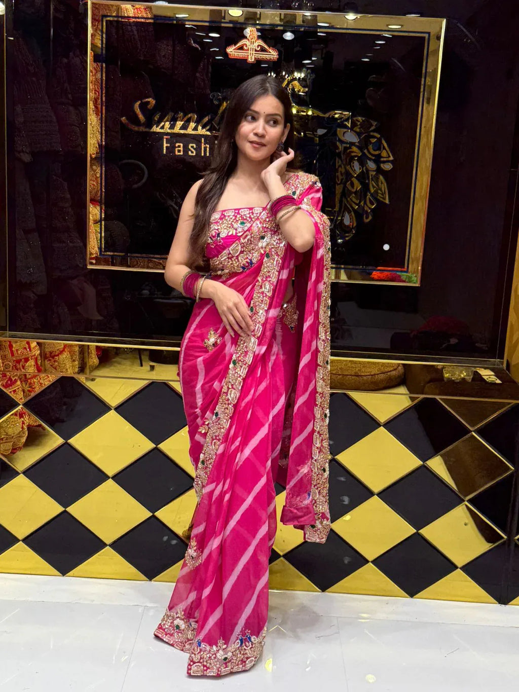 Pink Pure Chiffon Leheriya Handwork Saree (189)