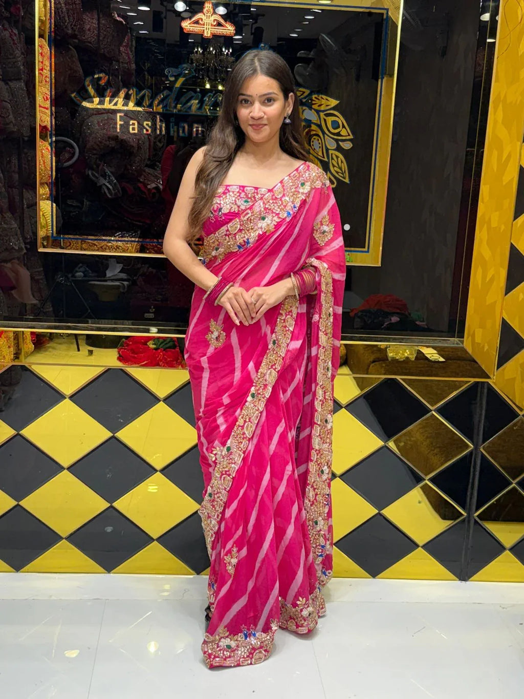 Pink Pure Chiffon Leheriya Handwork Saree (189)