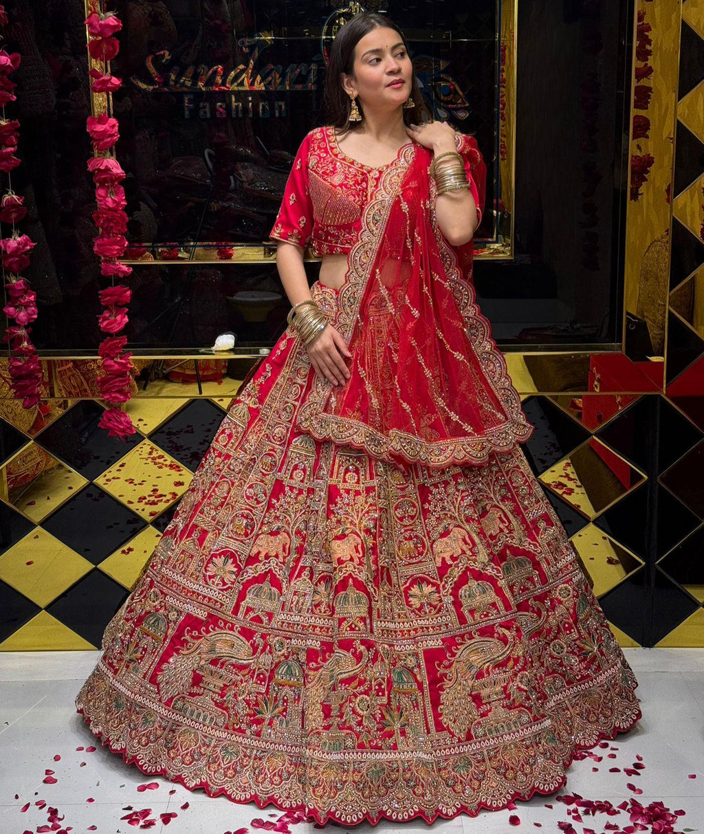 Red Heavy Bridal Handwork Lehenga Set