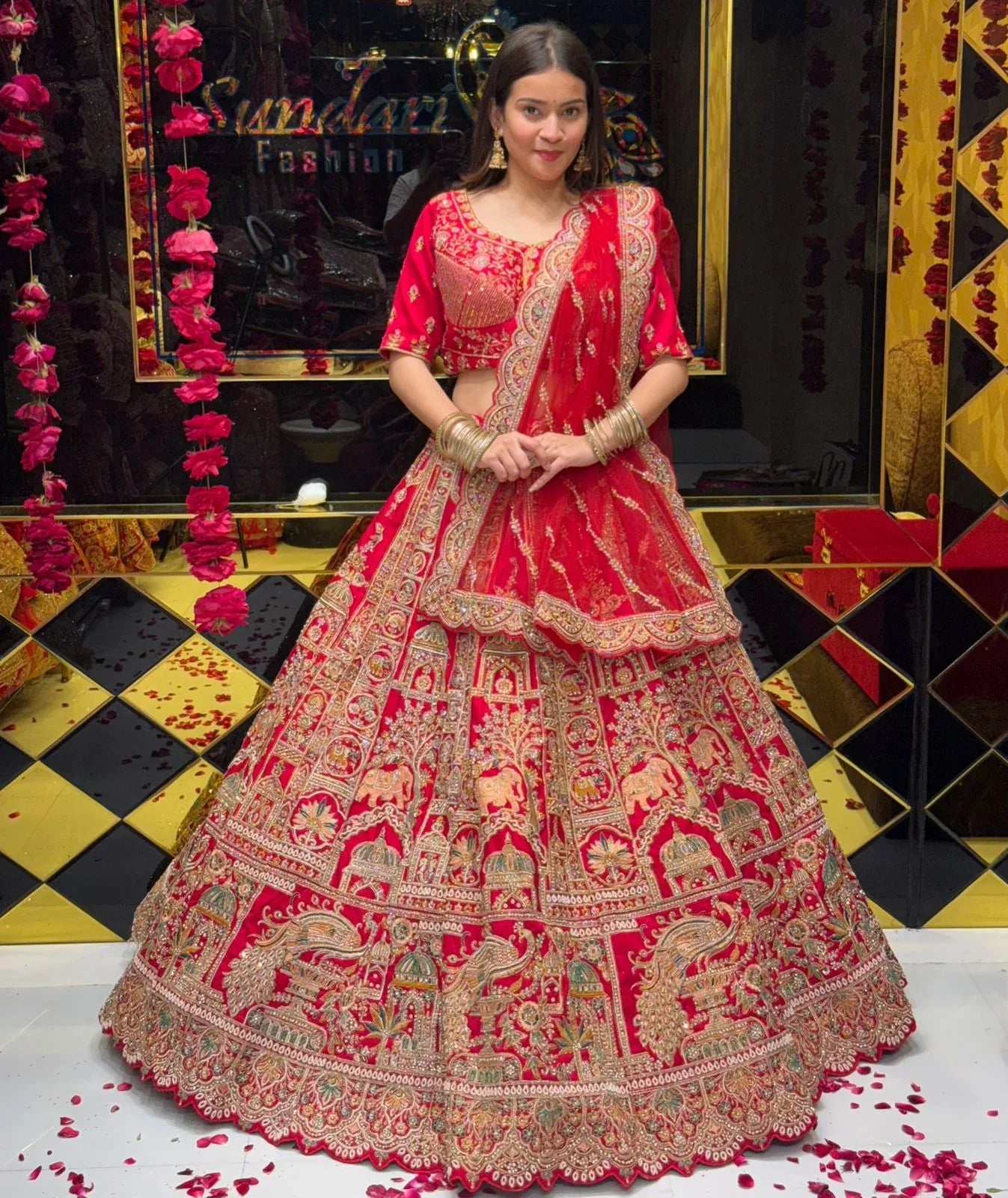 Red Heavy Bridal Handwork Lehenga Set