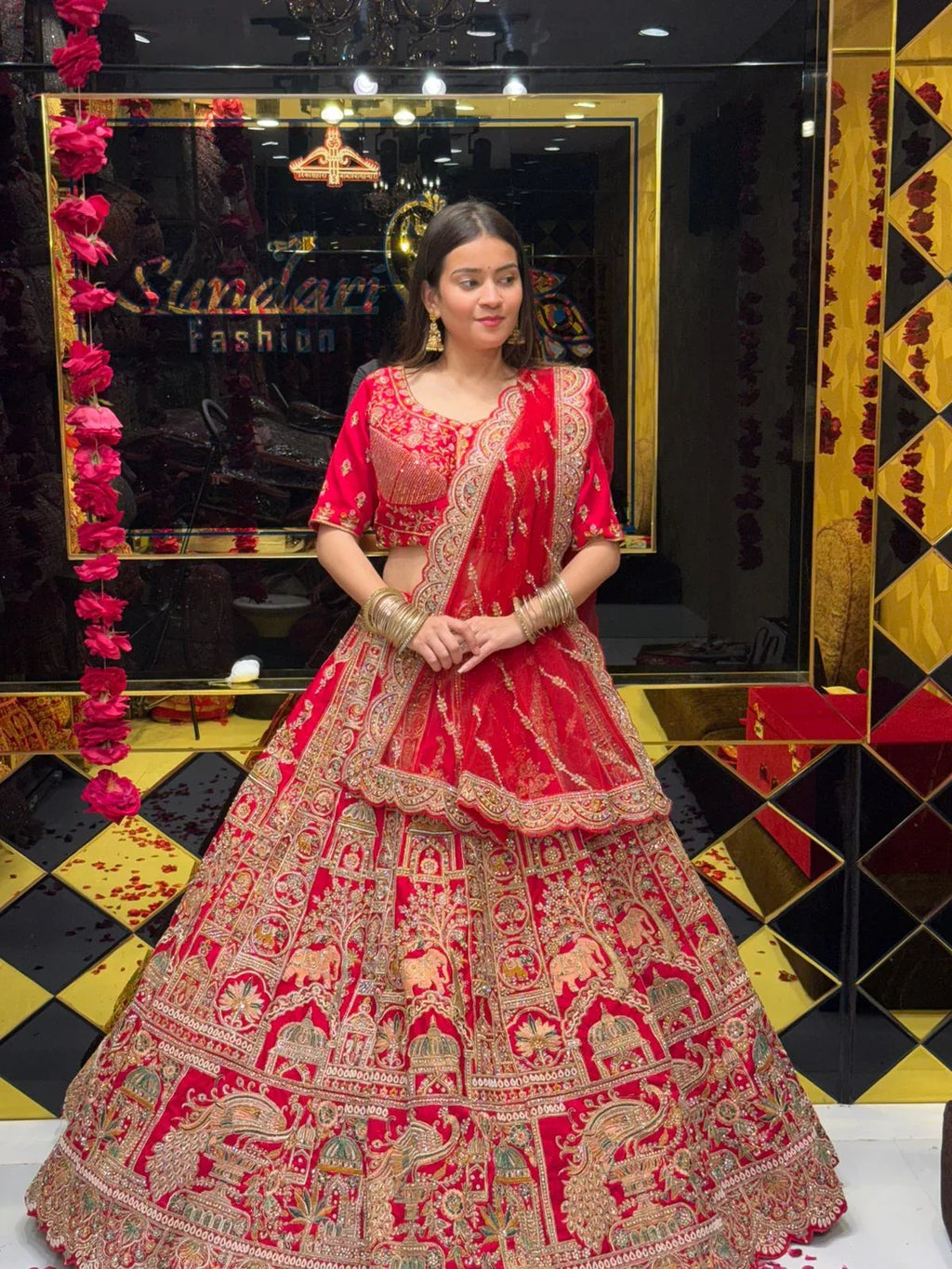 Red Heavy Bridal Handwork Lehenga Set