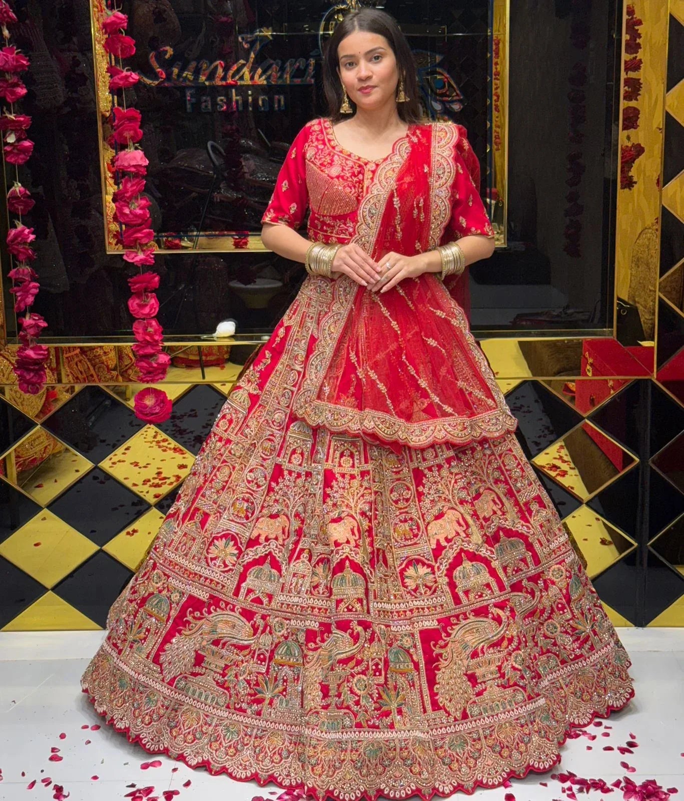 Red Heavy Bridal Handwork Lehenga Set