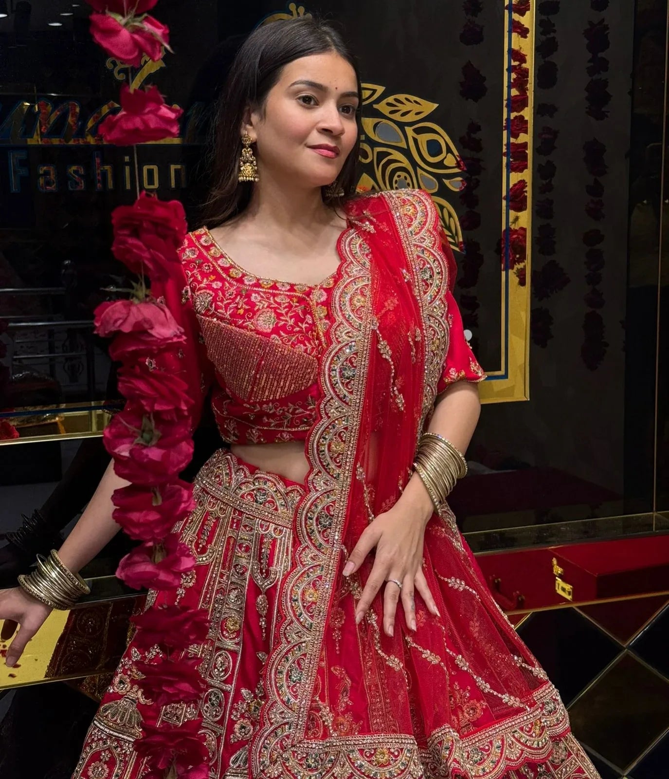 Red Heavy Bridal Handwork Lehenga Set