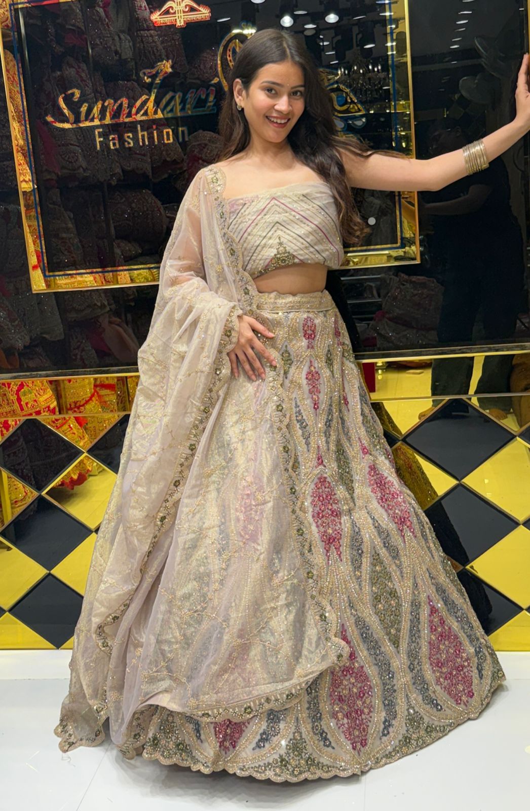 Beige Royal Silk MultiColor Handwork Lehenga (192)