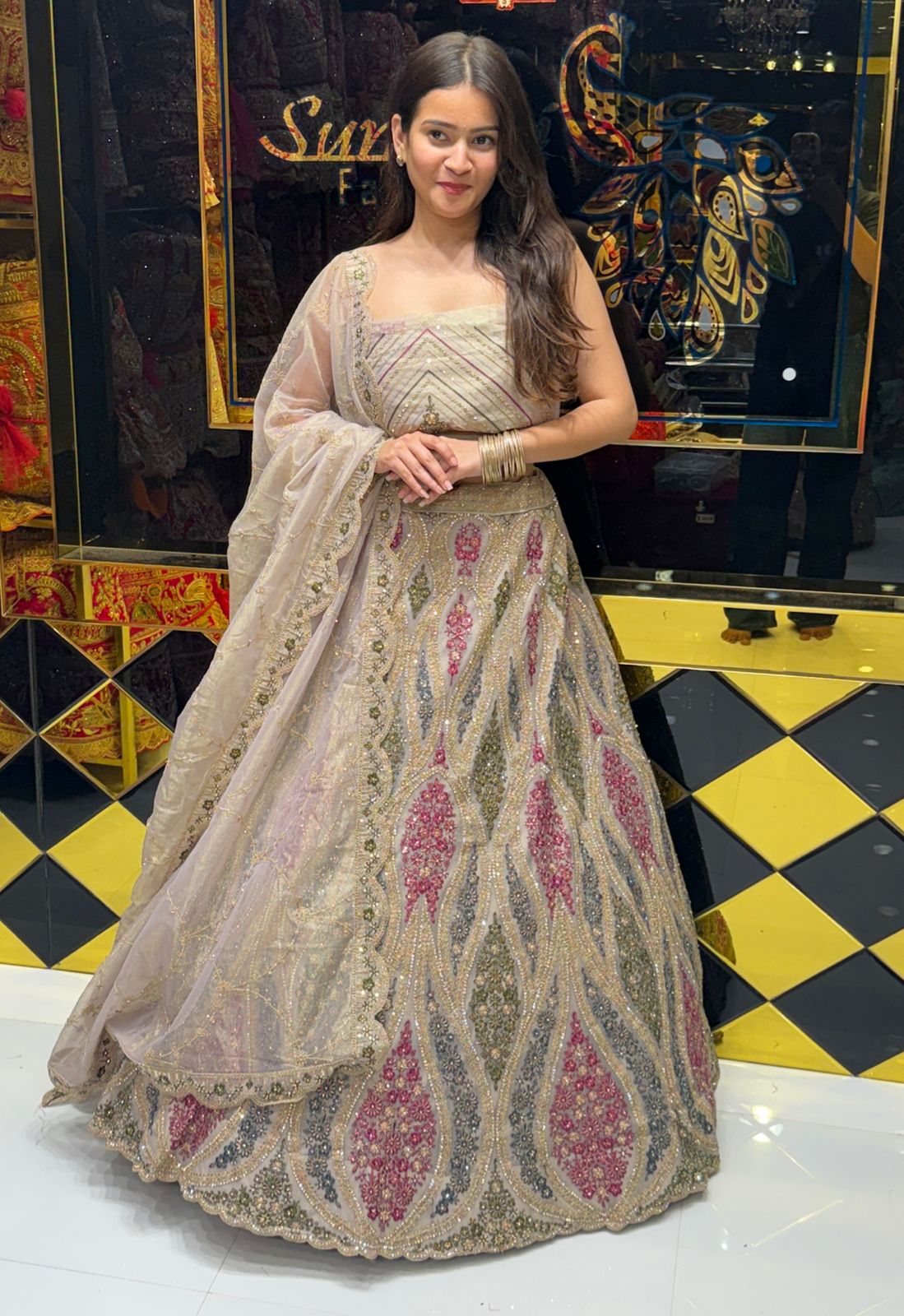 Beige Royal Silk MultiColor Handwork Lehenga (192)