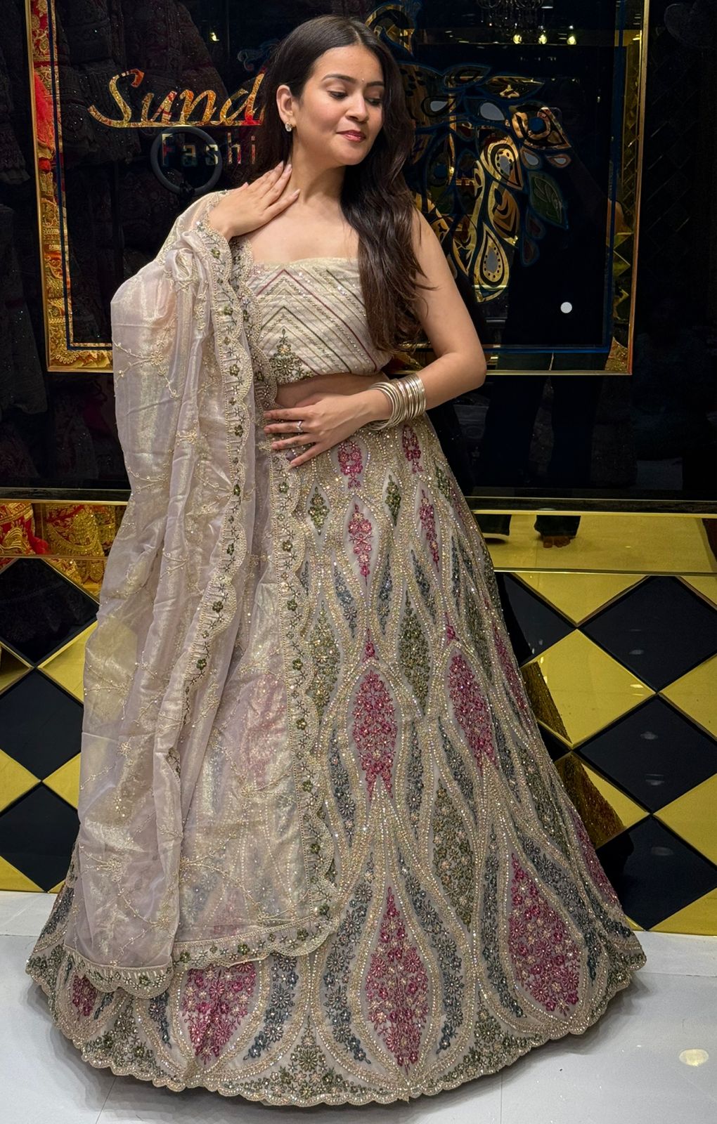 Beige Royal Silk MultiColor Handwork Lehenga (192)