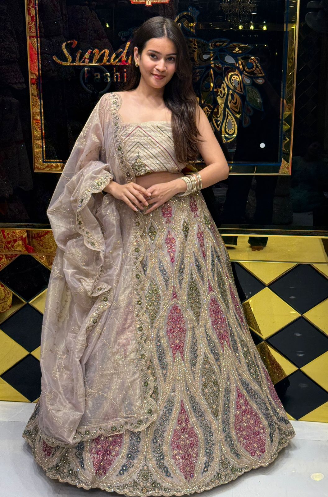 Beige Royal Silk MultiColor Handwork Lehenga (192)