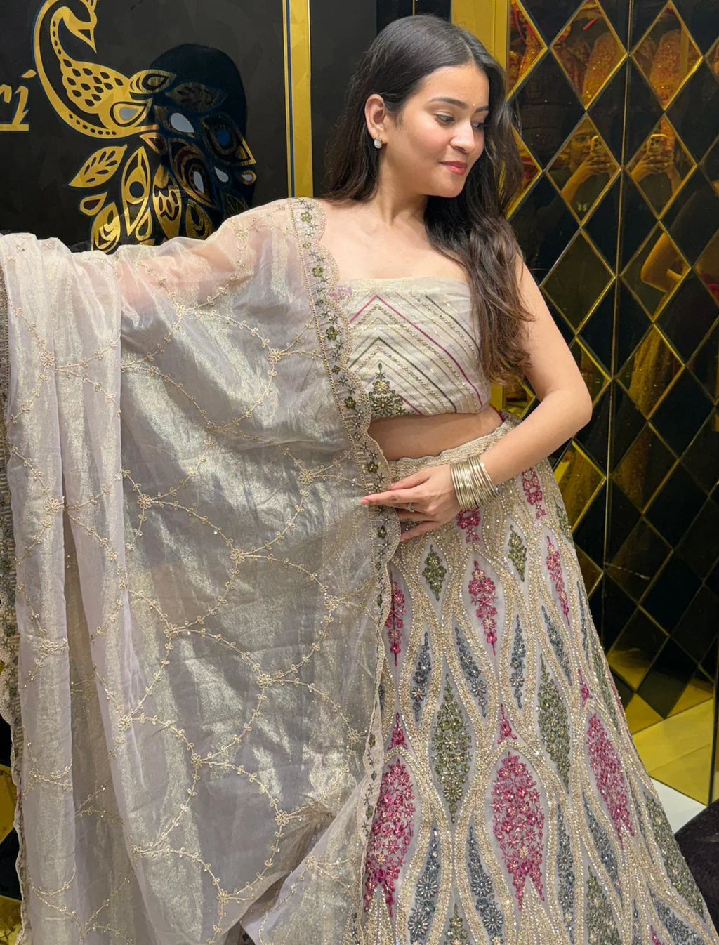 Beige Royal Silk MultiColor Handwork Lehenga (192)