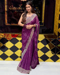 Purple Pure Chiffon Bandhani Mirror Handwork Saree (193)