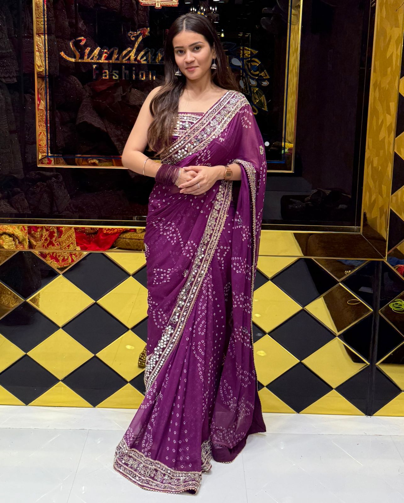Purple Pure Chiffon Bandhani Mirror Handwork Saree (193)