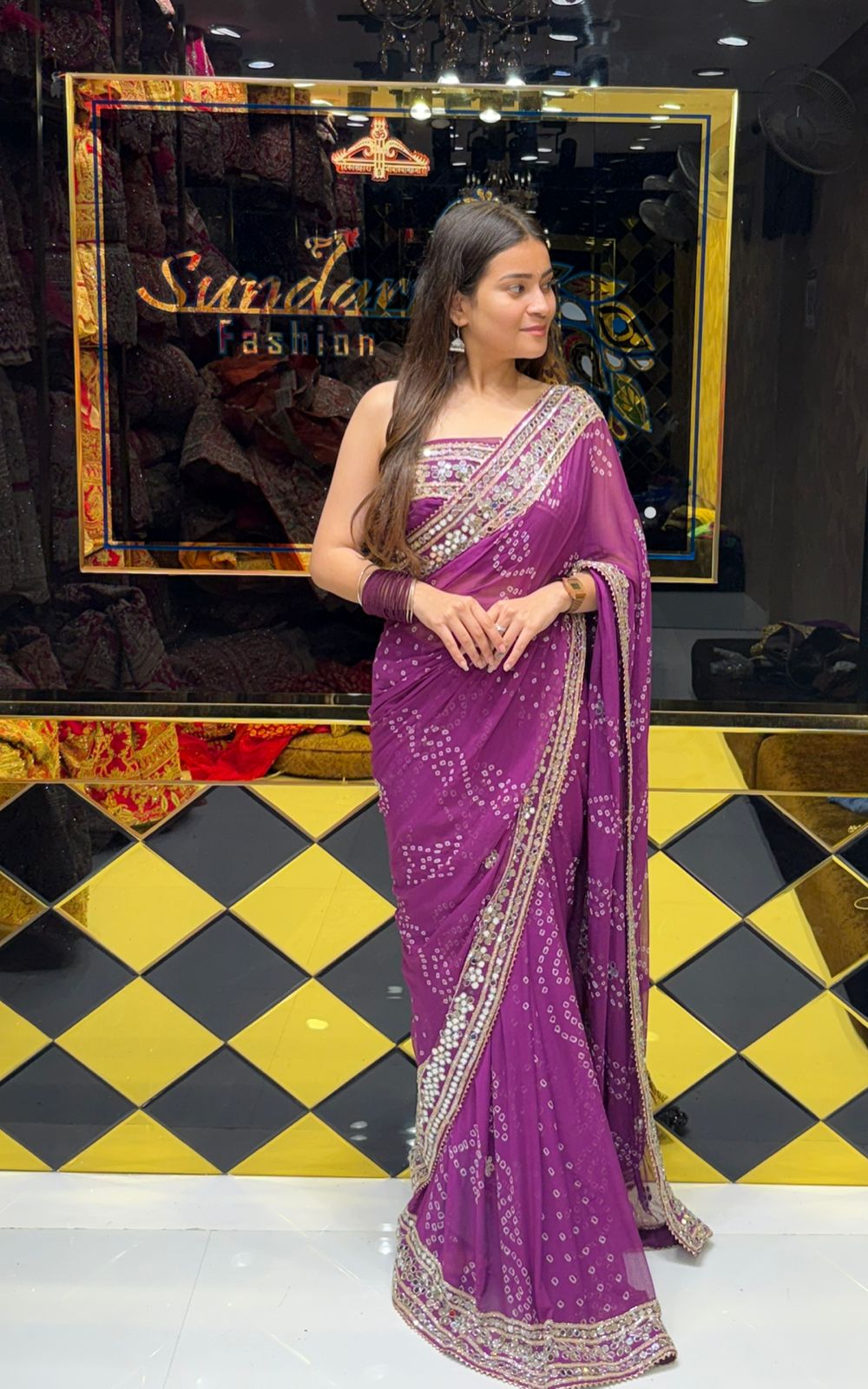 Purple Pure Chiffon Bandhani Mirror Handwork Saree (193)
