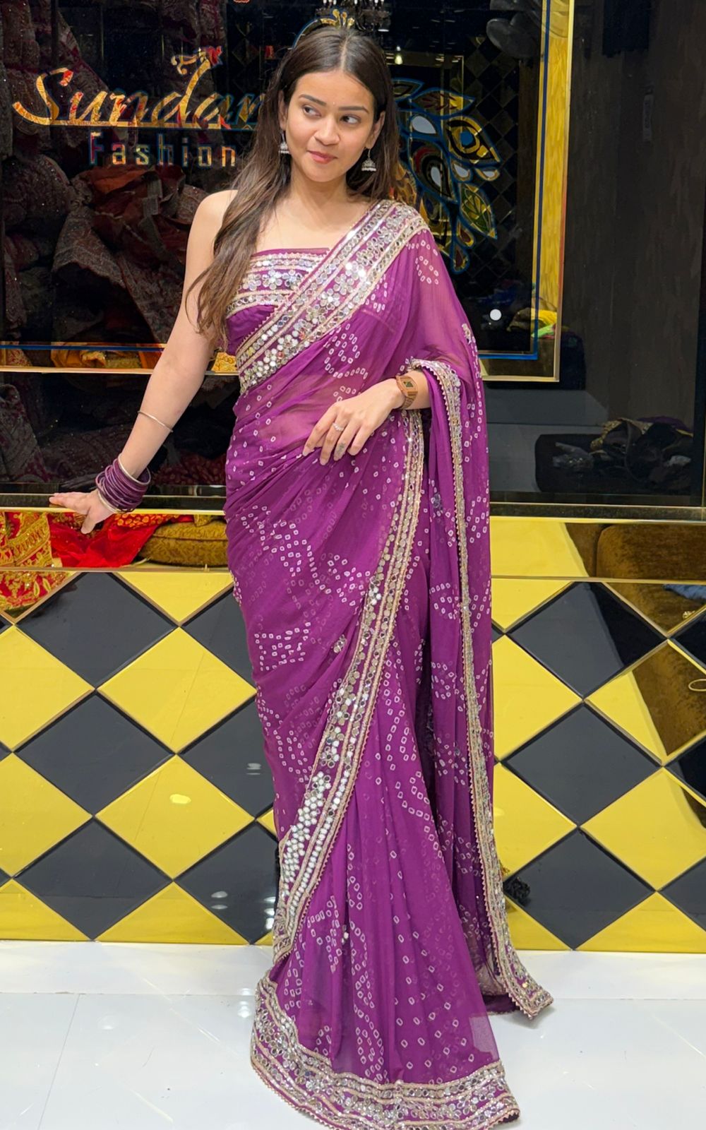 Purple Pure Chiffon Bandhani Mirror Handwork Saree (193)