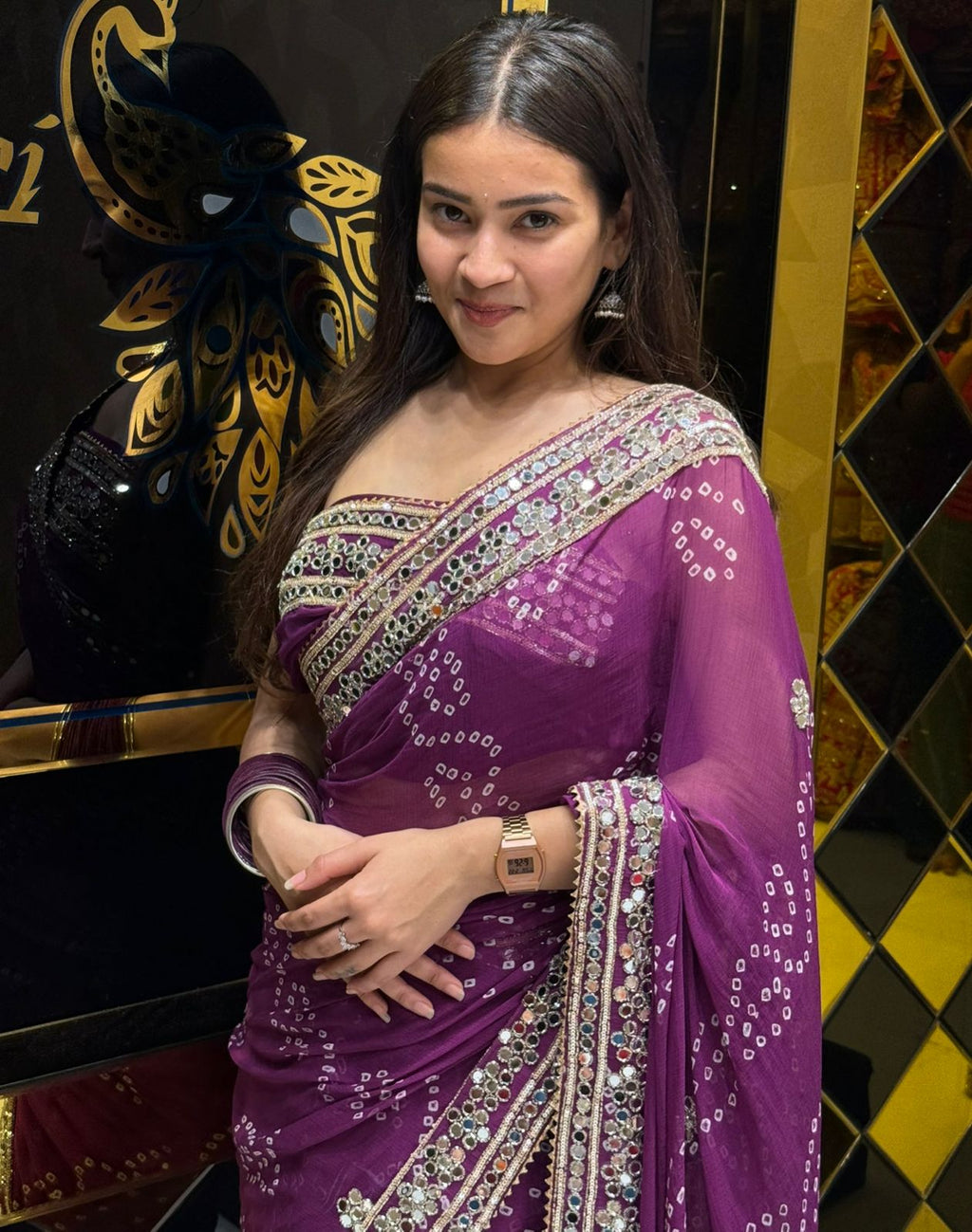 Purple Pure Chiffon Bandhani Mirror Handwork Saree (193)