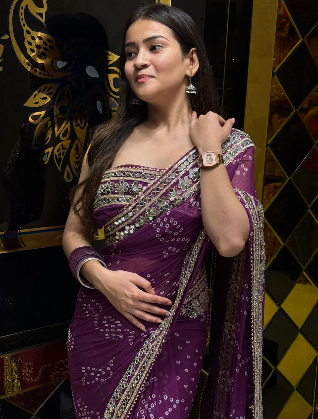 Purple Pure Chiffon Bandhani Mirror Handwork Saree (193)